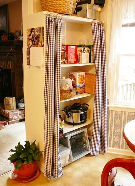 Bookshelf Pantry, Pantry Curtain, Pantry Diy, Diy Pantry, How To Make Curtains, Small Space Living, Curtain Rod, Cottage Decor, Apartment Living