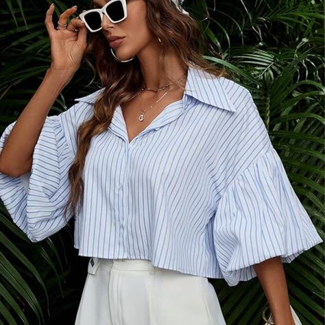 Verdusa Women's Casual Striped Puff Sleeve Drop Shoulder Button Up Shirt Crop Blouse Tops Amazon Affiliate Women Shirt Designs, Drop Shoulder Shirt, Casual Stripes, Modest Fashion Outfits, Looks Chic, Fashion Design Clothes, Kids Beachwear, Striped Blouse, Crop Shirt