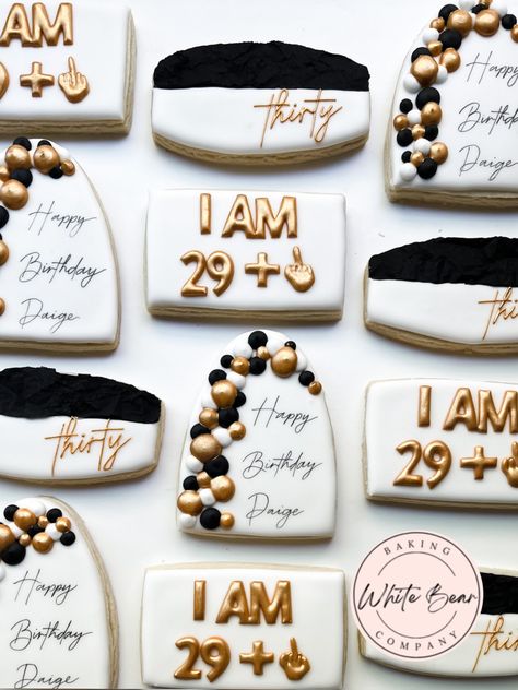 Dirty30 Birthday Ideas For Men, 30th Birthday Party Ideas For Men Surprise, Male 30th Birthday Party Ideas, Guy 30th Birthday Ideas Decor, 30th Black And Gold Party, 30th Birthday Cookies Men, Golden Birthday For Men, All Black 30th Birthday Party For Men, Men’s 26th Birthday Ideas