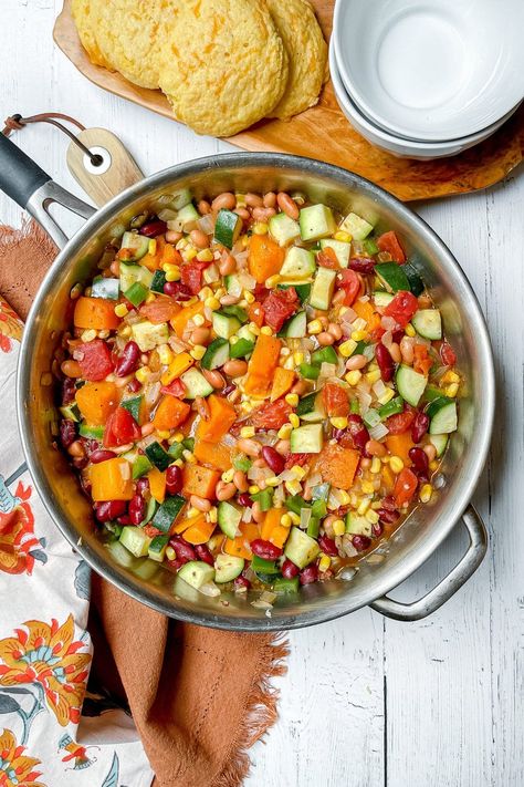 Three Sisters Stew is an easy-to-make, wholesome dish of vegetables gently stewed in a fragrant broth. With indigenous roots, this delicious dish is perfect to serve during harvest, for Thanksgiving, or on any chilly winter day. And, it's ready in under 30 minutes. 3 Sisters Stew, Three Sisters Stew Native American, 3 Sisters Recipes, 3 Sisters Soup Recipe, Three Sisters Recipes, Indigenous Meals, Harvest Stew Recipe, Three Sisters Stew Recipe, Three Sisters Stew