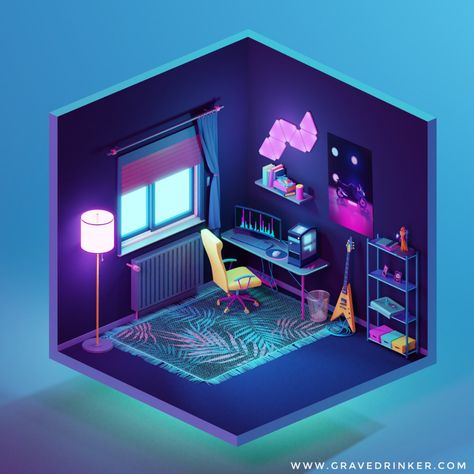 Isometric Room, Small Game Rooms, Gamer Bedroom, Futuristic Home, Video Game Room Design, Isometric Art, Bedroom Setup, Isometric Design, Isometric Illustration