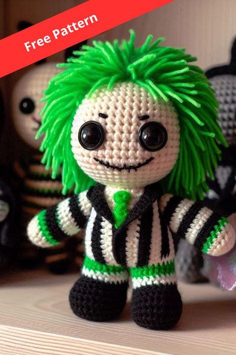 Crochet your own Amigurumi Beetlejuice Doll with this unique pattern, featuring the iconic striped suit and wild green hair of the mischievous character. Crochet Beetlejuice Free Pattern, Crochet A Doll Free Pattern, Edward Scissorhands Crochet Pattern, Popular Crochet Items To Sell Free Pattern, Beetle Juice Craft Ideas, Crochet Beetlejuice Pattern, Strange Crochet Projects, Crochet Chucky Doll Pattern Free, Easy Halloween Crochet Patterns