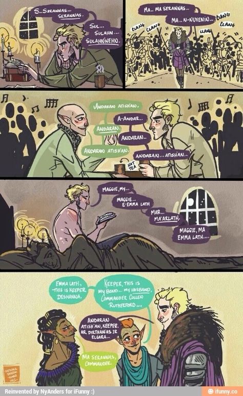 Cullen meets the keeper Cullen X Lavellan, Cullen X Inquisitor, Dragon Age Comics, Cullen Rutherford, Solas Dragon Age, Dragon Age Memes, Dragon Age Funny, Dragon Age Romance, Grey Warden