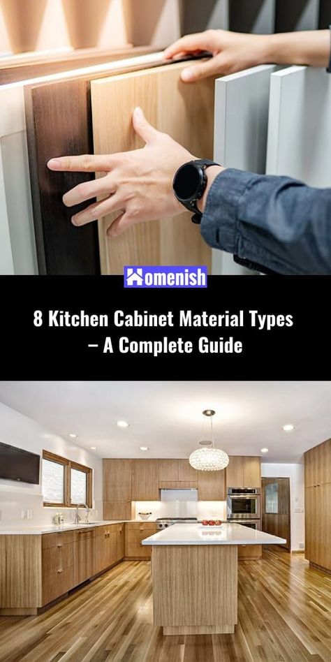 Cabinets are arguably the most essential parts of a kitchen design. After all, they provide us with ample storage space! But aside from storage, cabinets play a key role in the aesthetics of the kitchen. Here we will take a look at the most common kitchen cabinet material types as well as the pros and cons of each material. Kitchen Cabinet Material Types, Wood Laminate Kitchen Cabinets, Wood Laminate Kitchen, Kitchen Cabinet Material, How To Make Kitchen Cabinets, Kitchen Cabinets Materials, Types Of Kitchen Cabinets, Top Of Kitchen Cabinets, Laminate Kitchen Cabinets