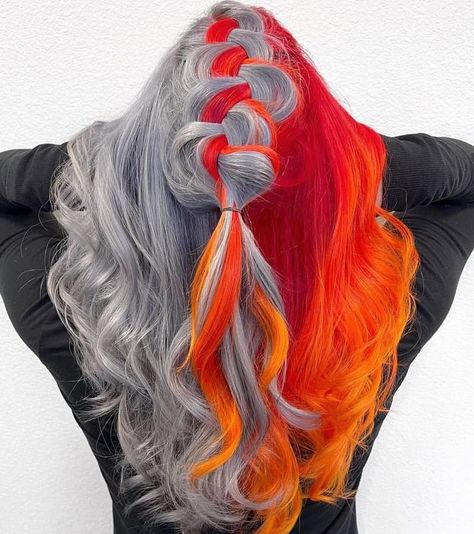 Grey And Orange Hair, Gray And Orange Hair, Silver And Orange Hair, Split Hair Color, Interesting Hair, Unicorn Hair Color, Hair Stripping, Half And Half Hair, Hair Inspired