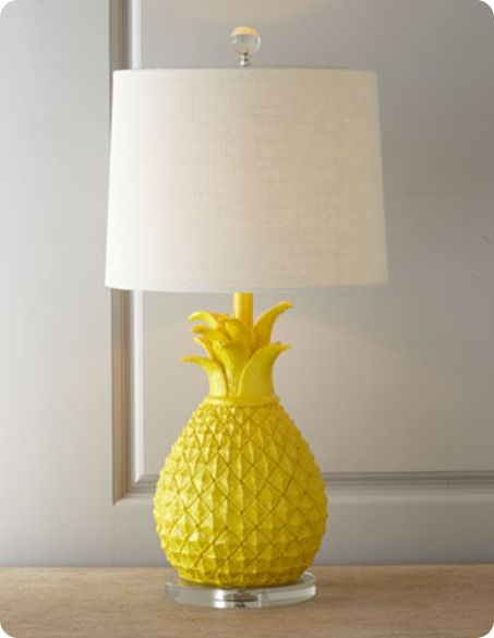 Bright Yellow Pineapple Table Lamp #pineapple #lamp #modernvintage Pineapple Table, Pineapple Lamp, Yellow Table Lamp, Popular Interior Design, Lamp Makeover, Pineapple Decor, Fluorescent Light, Shades Of Yellow, Fabric Shades