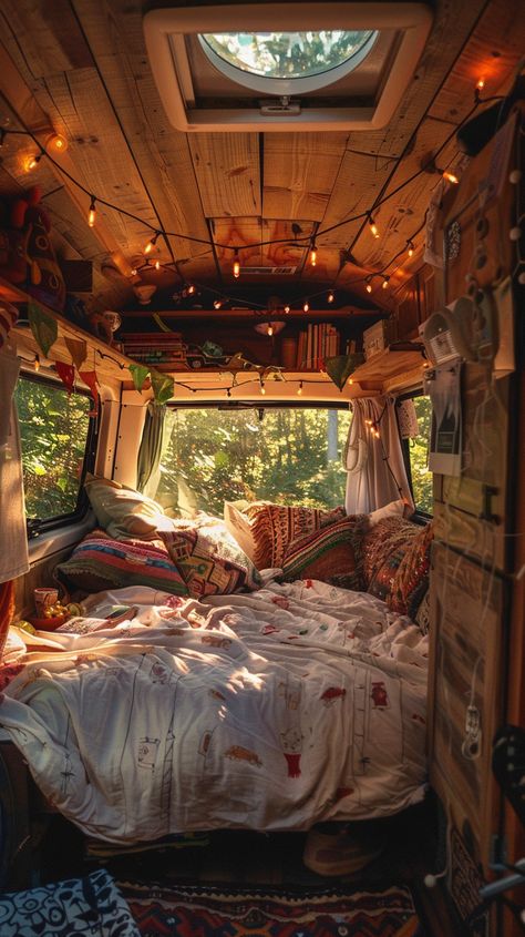 Dreamy van life under fairy lights ✨✨ #VanLife #BohoMood #FairyLights #vanlife #mood Van Life Sunset, Fairy Lights In Caravan, Van Life Small, Van Life Interior Aesthetic, Cottagecore Van Life, New Camper Decorating Ideas, Van Decoration Ideas, Small Van Life Interior, Travel Trailer Decorating Ideas