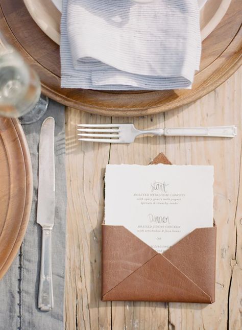 These 15 Ultra Creative Wedding Menus Are A Must SEE! Leather Wedding Invitations, Wedding Table Menus, Leather Menu, Creative Wedding Cakes, Rustic Wedding Table, Brown Wedding, Leather Wedding, Custom Wedding Rings, Cute Wedding Ideas