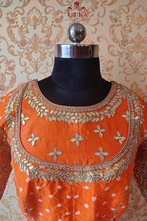 Hand embroidered bandhani designer blouse Gota Patti Blouse Design, Gota Patti Blouse, Bandhani Blouse, Gota Patti Embroidery, Heavy Blouse, Blouse Designs High Neck, Long Frocks, Blouse Design Models, Indian Fashion Dresses