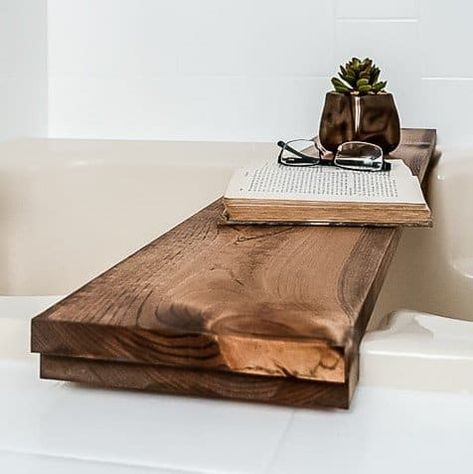 Bathtub Shelf Trays, Bathtub Wooden Tray, Diy Tub Tray Ideas, Diy Bath Shelf, Bath Table Trays Diy, Diy Tub Tray, Bathtub Shelf Ideas, Bathtub Tray Decor, Bathtub Caddy Diy