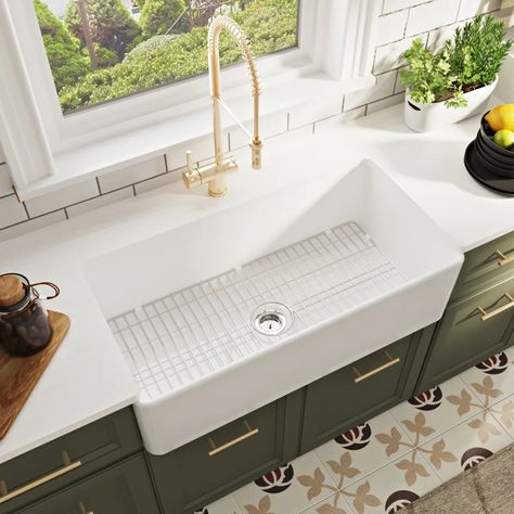 DeerValley Grove White Fireclay Rectangular Single Bowl Farmhouse Apron Kitchen Sink with Grid and Strainer & Reviews | Wayfair Sink Cabinet Wood And White Farmhouse, Apron Kitchen Sink, Single Basin Kitchen Sink, White Farmhouse Sink, Apron Front Kitchen Sink, Fireclay Farmhouse Sink, White Kitchen Sink, Elegant Centerpiece, Apron Sink Kitchen