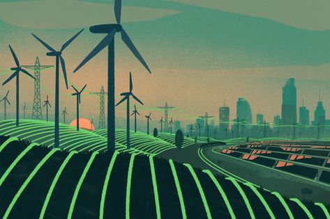 Science Editorial Illustration, Sustainable Energy Illustration, Digital World Illustration, Sustainable City Illustration, Wind Turbine Illustration, Windmill Illustration, Energy Illustration, Wall Branding, Road Poster