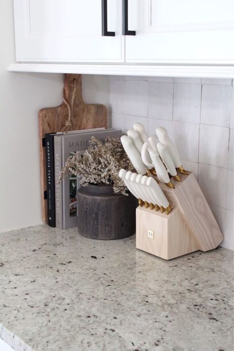 Kitchen Essentials: The Ultimate Kitchen Checklist Gold Knife Set, Counter Top Decor, Gold Knife, Kitchen Countertop Decor, Countertop Decor, Kitchen Island Decor, Desain Pantry, Kitchen Counter Decor, Transitional Decor Kitchen