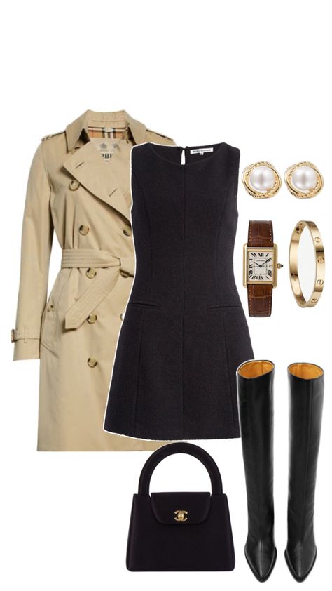 Nice Dinner Outfit Winter, Dinner Outfit Winter, Trench Coat Outfit, Corporate Wear, Coat Outfit, Dress Aesthetic, Tweed Dress, Simple Trendy Outfits, All Black Outfit