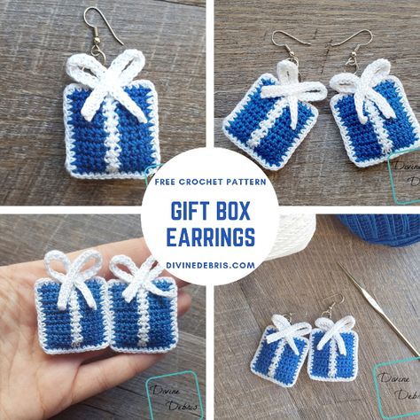 Gift Box Earrings free crochet pattern | Christmas Diy's, Creeper Minecraft, Crochet Jewelry Patterns, Crochet Earrings Pattern, Crochet Gift, Holiday Crochet, Christmas Crochet Patterns, Crochet Hook Sizes, Christmas Earrings