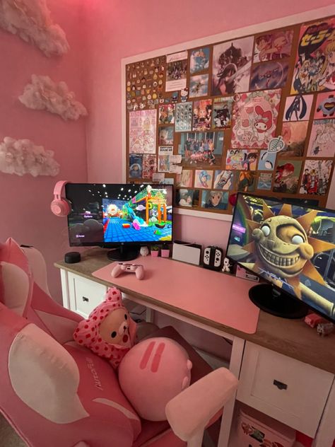 Game Room Astethic, Girly Ps5 Setup, Pink Xbox Setup, Pink And Black Set Up Gaming, Cute Gaming Chair, Ps4 Aesthetic, Ps4 Setup, Pink Gamer Girl Aesthetic, Pink Gaming Chair With Cat Ears