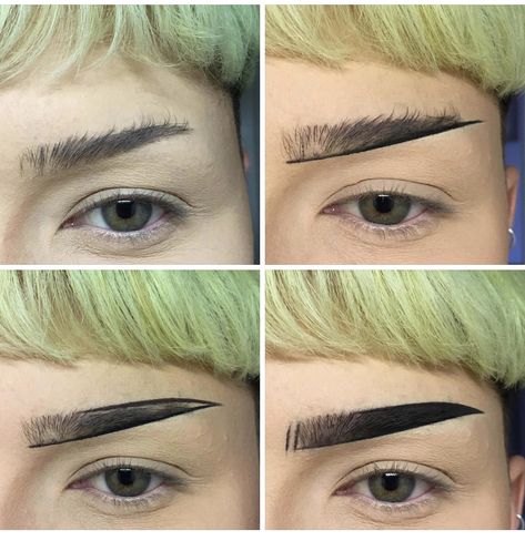 Half Shaved Eyebrows Goth, Unique Eyebrow Shapes, Punk Eyebrows, Alt Eyebrow Tutorial, Pointy Eyebrows, Half Eyebrows, Pointed Eyebrows, Straight Eyebrows Tutorial, Asymmetrical Eyebrows