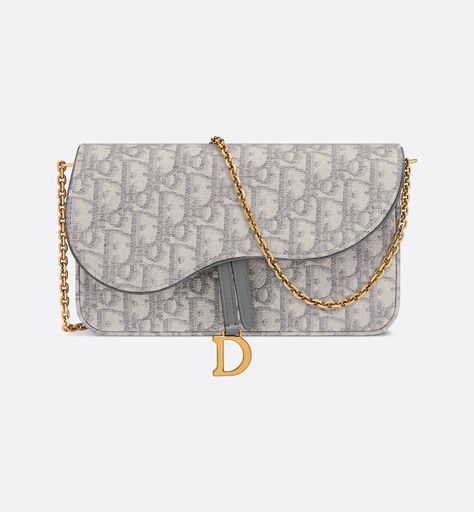 Saddle Pouch with Chain Gray Dior Oblique Jacquard | DIOR Dior Saddle Bag Silver Hardware, Dior Saddle Wallet On Chain, Dior Saddle Bag Limited Edition, Dior Caro Zipped Pouch With Chain, Dior Oblique Wallet, Stirrups, Saddle, Antique Gold, Dior