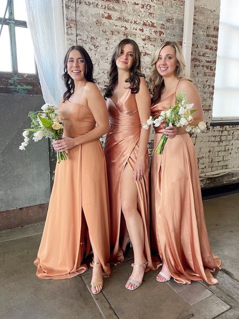 Dresses and Gowns Archives | David's Bridal Blog Bach Party Gifts, Bridesmaid Palette, Bridesmaid Color Palette, Bridesmaid Color, Different Bridesmaid Dresses, Country Bridesmaid Dresses, Orange Bridesmaid, Fall Wedding Color Palette, Fall Bridesmaids