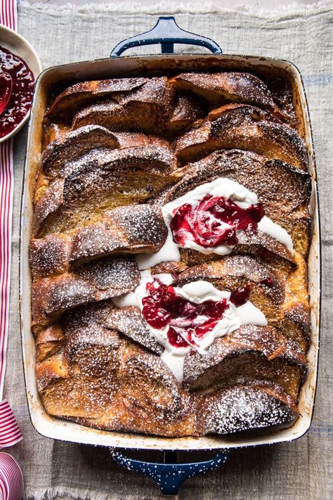 Baked Cinnamon Crème Brûlée French Toast with Raspberry Preserves. - Half Baked Harvest Crème Brûlée French Toast, Autumn Brunch Recipes, Creme Brulee French Toast, Half Baked Harvest Recipes, Creme Brûlée, Raspberry Preserves, Harvest Recipes, Half Baked, Christmas Brunch