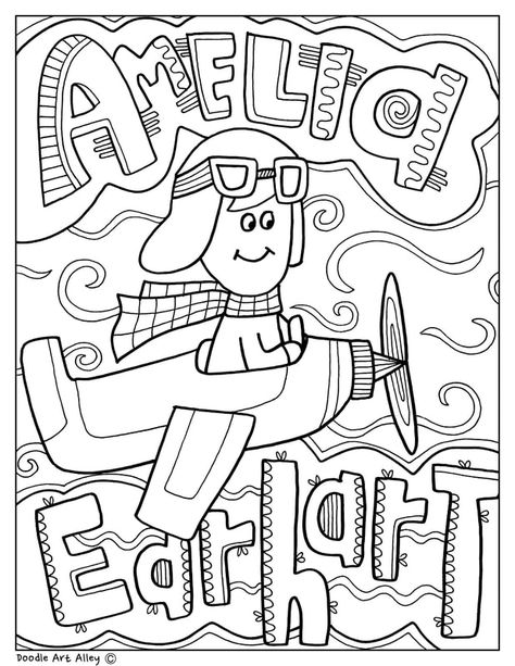 Amelia Earhart Coloring Page #ameliaearhart #pilot #coloringpage Amelia Earhart Craft, Amelia Earhart Activities, Classroom Doodles, Month Coloring Pages, Women History Month Activities, Bee Coloring Pages, Women's History Month, Malala Yousafzai, History Quotes