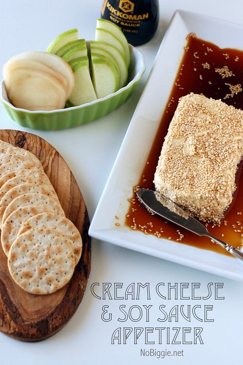 Baked Cream Cheese - The easiest Cream cheese & Soy Sauce appetizer - it's always a hit! NoBiggie.net Healthy Soy Sauce, Baked Cream Cheese, Cream Cheese Appetizer, Healthy Appetizers Easy, Three Ingredient Recipes, Cheese Appetizer, Cream Cheese Dips, Easy Cream, Snacks And Appetizers