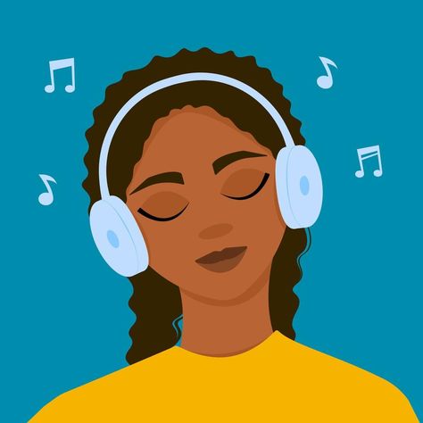 A dark-skinned girl listens to music with headphones, closing her eyes. Vector illustration. Headphones Illustration, Akg Headphones, Sony Earphones, Eyes Vector, Music With Headphones, Music Vector, Blending Sounds, Studio Monitors, Gaming Headphones