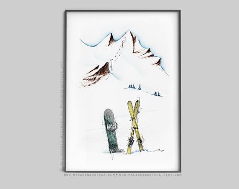 Snowboard and skis painting watercolor (Nº08) print Skiing snowboarder skier Skiing art and mountain ski lovers skis print Sport Snowy (08) Skiing Sketch, Snowboard Painting, Snowboarding Watercolor, Skiing Illustration Drawings, Ski Lift Watercolor, Skiing Art, Ski Print, Retro Designs, Happy Paintings