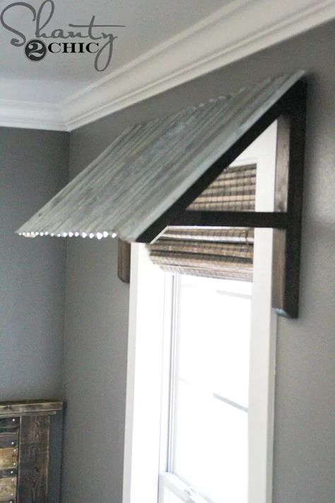 Indoor Window Awning Diy, Diy Window Canopy, Indoor Window Awning, Corrugated Metal Awning, Indoor Awnings, Slider Windows, Sons Room, Diy Awning, Gray Room