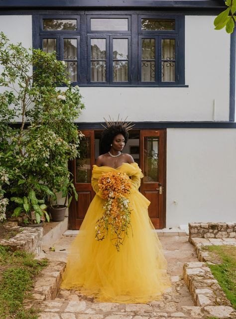 Inspiration: Afro-Centric Glamour – Issuu Mustard Wedding Dresses, Mustard Wedding, Yellow Wedding Dress, Nontraditional Wedding Dress, Unconventional Wedding, Black Bride, Stunning Wedding Dresses, Yellow Wedding, Tulle Gown