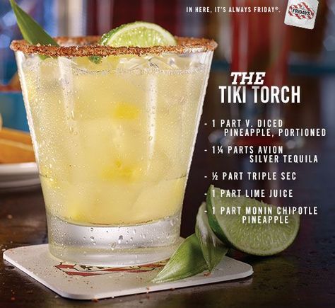 Tiki Drink Recipes | The Tiki Torch summer cocktail recipe: Mix Avión Silver Tequila ... Tiki Torch Cocktail, Tequila Drinks Recipes, Tiki Drink, Fruity Alcohol Drinks, Tequila Recipe, Special Drinks, Alcholic Drinks, Tgi Fridays, Shots Alcohol