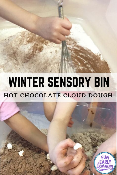 Hot Chocolate Cloud Dough Sensory Bin! Great sensory and winter activity for toddlers, preschool, prek, and kindergarten! #sensorybin #wintersensoryplay #funearlylearning Easy Kids Projects, Chocolate Activities, Hot Chocolate Art, Winter Sensory Bin, Winter Activities For Toddlers, Activity For Toddlers, Winter Celebration, Cloud Dough, Art Activities For Toddlers