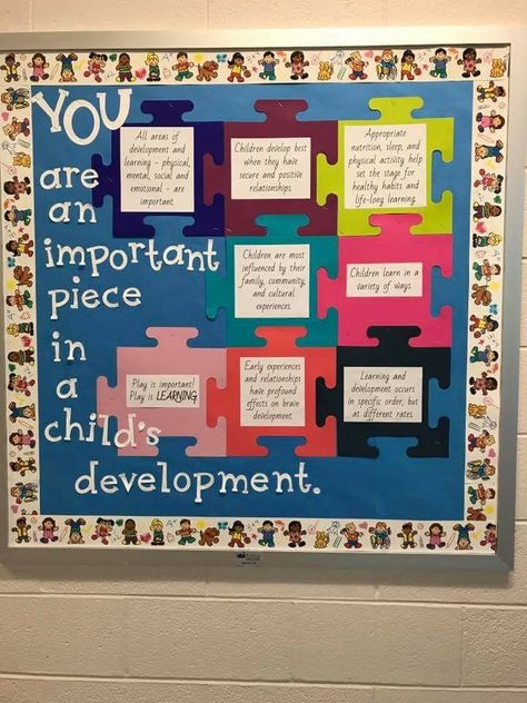 Parent Bulletin Boards, Puzzle Bulletin Boards, Daycare Bulletin Boards, Family Bulletin Boards, Head Start Classroom, Office Bulletin Boards, Parent Board, Child Development Activities, Family Involvement