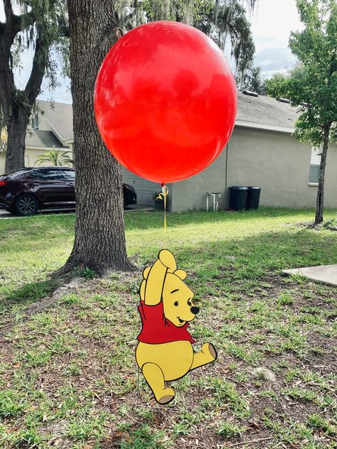 Diy Pooh Decorations, Winnie The Pooh Birthday Balloons, Winnie The Pooh Hanging From Balloon, Winnie The Pooh Balloon Centerpieces, Hundred Acre Woods Birthday Party, Winnie The Pooh Birthday Party Decor, Winnie The Pooh Balloons, Winnie The Two Birthday, Winnie The Pooh Trunk Or Treat