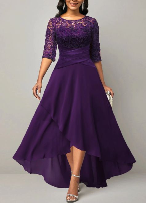 https://www.rotita.com/images/202212/source_img/313247_P_1671590531740.webp Casual Embroidery, Embroidery Patchwork, Plus Size Party Dresses, Dress Sleeve Styles, Formal Party Dress, Half Sleeve Dresses, Lace Patchwork, Dresses Elegant, Purple Lace