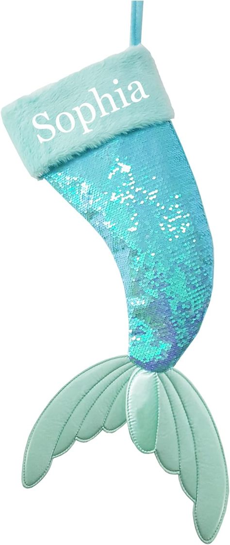 Amazon.com: DearSun 22" Dia Lovely Personalized Mermaid Tail Christmas Stocking with Embroidery Name, Plush Cuff and Shiny Fabric Body (Blue) : Home & Kitchen Mermaid Stocking, Blue Home, Shiny Fabric, Christmas Embroidery, Mermaid Tail, Christmas Stocking, Personalized Christmas, Home Kitchen, Christmas Stockings