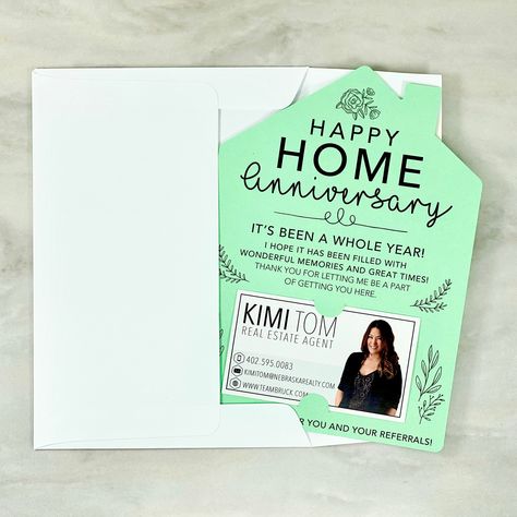 Happy Home Anniversary Card | Real Estate Agent Cards | House Anniversary Card | Home Anniversary Card | Real Estate, Mortgage Lender Mailer by MarketDwellings on Etsy Happy Home Anniversary, House Anniversary, Real Estate Slogans, Card House, Real Estate Infographic, Real Estate Agent Gift, Real Estate Closing Gifts, Real Estate Agent Marketing, Marketing Gift