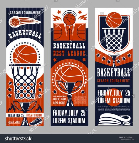 Basketball league tournament vector banners. Symbols of basketball sport team game as baskets on backboards, courts and ball, prize cup and playing field, sportive shoes and winning trophies leaflets #Ad , #AD, #sport#basketball#team#baskets Game Day Banner, Basketball Banners, Basketball Backboard, Team Banner, Vector Game, Sport Poster Design, Basketball Season, Basketball Tournament, Gaming Banner