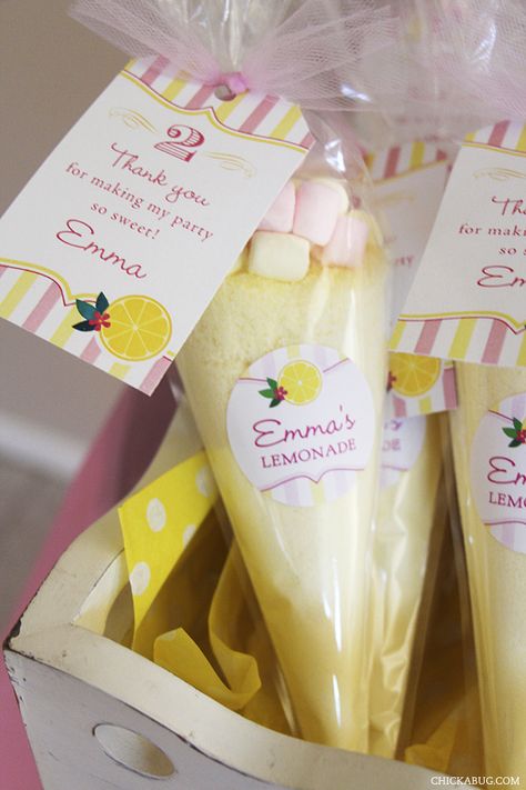 The cutest pink lemonade party favors! Perfect for a spring birthday party or shower! Lemonade Party Favors, Lemonade Stand Birthday, Lemonade Stand Party, Baby Shower Food For Girl, Summer Wedding Favors, Spring Birthday Party, Pink Lemonade Party, Summer Party Themes, Lemonade Party