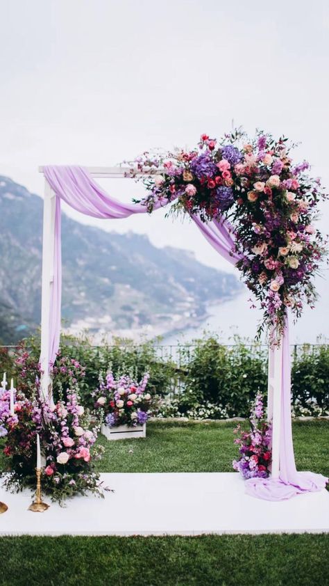 Red Purple And Champagne Wedding, Purple Red Wedding Theme, Wedding Arch Purple, Elegant Backyard Wedding, Large Events, Purple Wedding Decorations, Purple Wedding Theme, Lilac Wedding, Wedding Ceremony Flowers