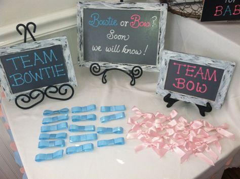 Guests picked their team by wearing a pink bow or a blue bowtie! Goals Or Bows Gender Reveal Ideas, Bow Ties Or Bows Gender Reveal, Bow Or Bowtie Gender Reveal, Bows Or Bowties Gender Reveal, Bows Or Goals Gender Reveal, Hair Bows Or Turbos Gender Reveal, Free Throws Or Pink Bows Gender Reveal, Surprise Baby Shower, Bow Gender Reveal