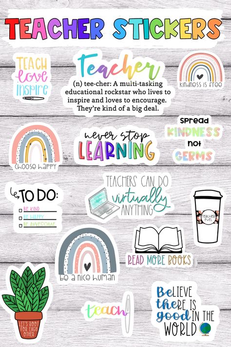 These adorable teacher stickers are the perfect teacher gift your your favorite teacher, or for yourself! The stickers included are: teach love inspire sticker, teacher definition sticker, kindness is free sticker, choose happy sticker. never stop learning sticker, spread kindness not germs sticker, teachers can do virtually anything sticker, teacher fuel coffee sticker, be the good sticker, be a nice human sticker, read more books sticker, let's root for each other sticker, be awesome sticker Stickers On Canvas Diy, Teacher Sticker Ideas, Teachers Day Sticker, Teaching Stickers, Stickers For Teachers, Teacher Definition, Teacher Accessories, Teaching Teachers, Teacher Stickers