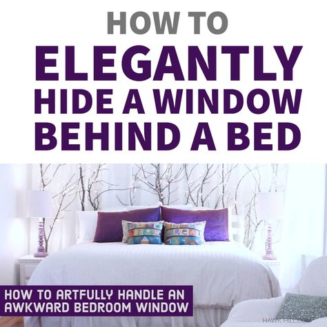 How to elegantly hide a window behind a bed in a bedroom with an awkward layout Bedroom Window Headboard Ideas, Hide A Window Behind A Bed, Hide Window Behind Bed, Bed Under Window No Headboard, Wall Of Curtains Behind Bed, Sideways Bed Against Wall, Off Centered Window Behind Bed, Curtains Behind Headboard, Bed With Window Behind It