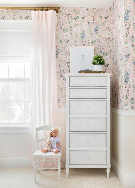 Light Pink Curtains Bedroom, Floral Toddler Girl Room, Dresser Wall Decor, Dresser Gold, Girls Dresser, Girls Room Curtains, Girl's Rooms, Bria Hammel Interiors, Bria Hammel