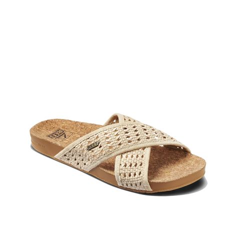 PRICES MAY VARY. CHIC WOMEN'S SANDALS: The Cushion Woven Bloom is ready for any adventure. Soft and supportive cushion with a rebound footbed, and decorative beachy woven X straps. PADDED FOR COMFORT: Our most comfortable footbed yet featuring the perfect blend of cushion and rebound support. This is a wider shape with generous arch support and heel cupping. DURABILITY: Lightweight and durable rubber sponge outsole. SUSTAINABILITY: 100% natural cork footbed cover BEACH FREELY: REEF encourages pe New Sandal, Beachy Chic, Beach Shoes, Chic Woman, Women's Sandals, Versatile Style, Arch Support, Slide Sandals, Cork