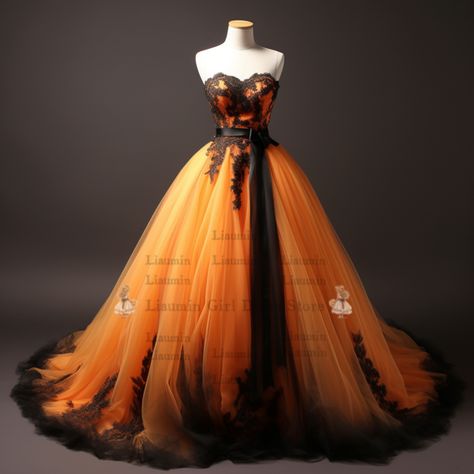 Dark Orange Prom Dress, Orange Ballgown, Orange Ball Dresses, Orange Wedding Dress, Filipino Debut, Black And Yellow Dress, Black Dress Aesthetic, Orange Dress Wedding, Strange Dream