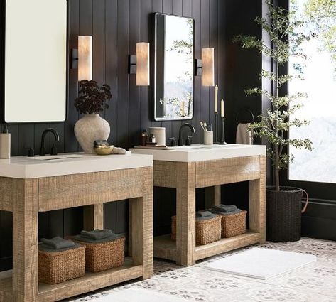 Palisades | Pottery Barn Pottery Barn Bathroom Vanity, Barn Sink, Pottery Barn Bathroom, Wood Bathroom Vanity, Anthropologie Home, Single Wide, Bath Tiles, Vanity Storage, Upstairs Bathrooms