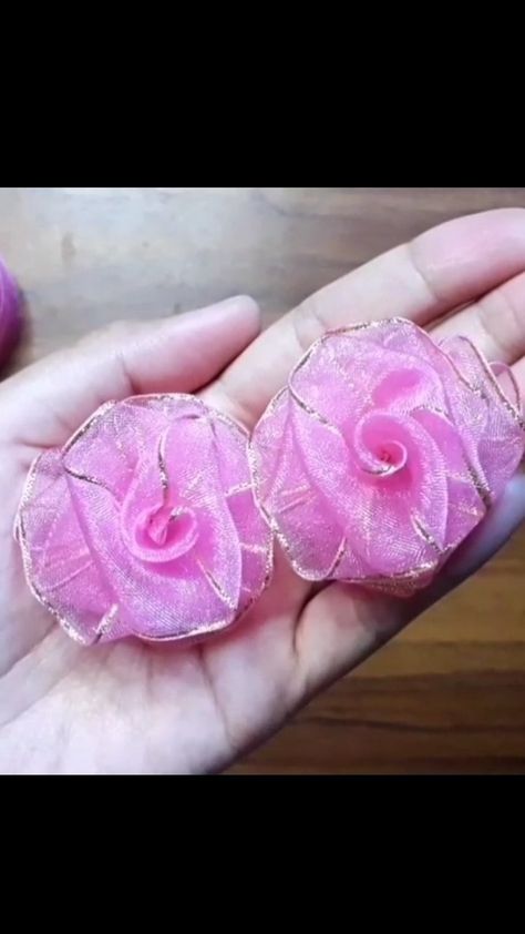 How to make organdy ribbon rose flowers Satin Ribbon Roses, Ribbon Rose, Ribbon Roses, How To Make Ribbon, Diy Crafts For Home Decor, Rose Flowers, Ribbon Flowers, A Rose, Pink Ribbon