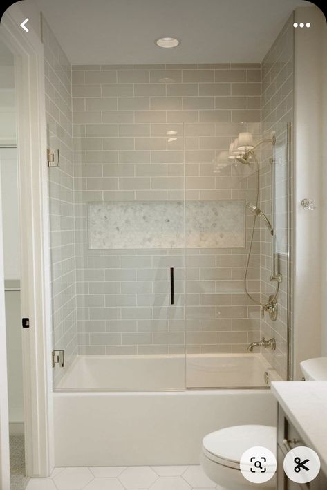 Small White Bathroom With Tub, Narrow Bathroom Bathtub, Tile Ideas For Tub Shower Combo, Small Shower Tub Remodel, Small Shower With Tub, Small Bath Tub Shower Combo, Long Narrow Bathroom Ideas With Tub, Narrow Bathroom With Tub, Tub Insert With Tile