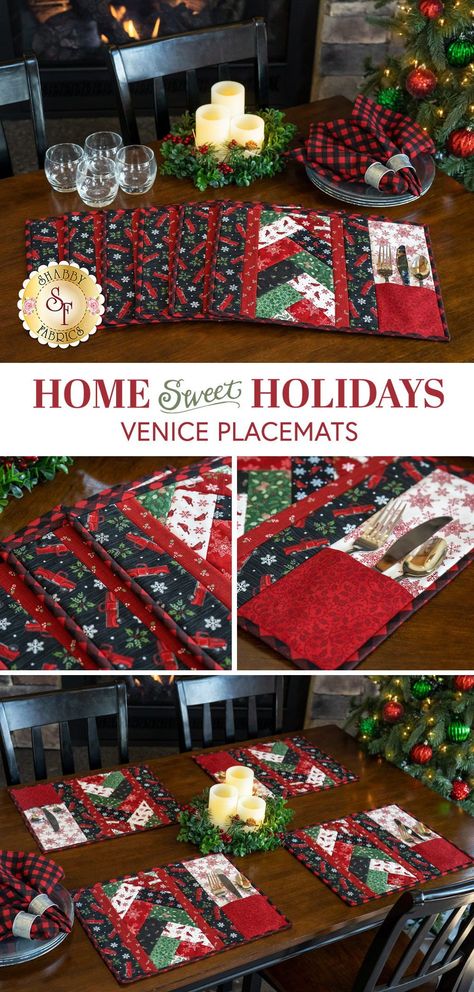 Brighten up your table this winter with this set of six adorable Quilt As You Go Venice Placemats featuring the beautiful Christmas prints from the Home Sweet Holidays fabric collection by Deb Strain for Moda Fabrics! Using the pre-printed batting by June Tailor, they come together quickly! Finished placemats feature a pocket for your utensils! Placemats each measure approximately 14" x 17". Placemats With Pockets, Christmas Quilted Placemats, Christmas Placemats Pattern, Christmas Placemats Pattern Free, Quilted Christmas Placemats, Quilted Crafts, Easy Placemats, Holiday Placemats, Quilted Placemat Patterns